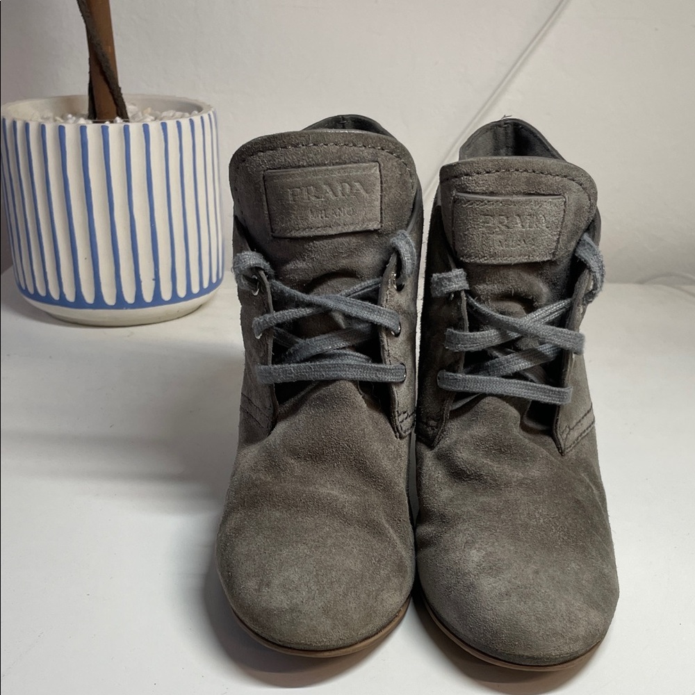 Prada Charcoal Suede Lace-Up Boots